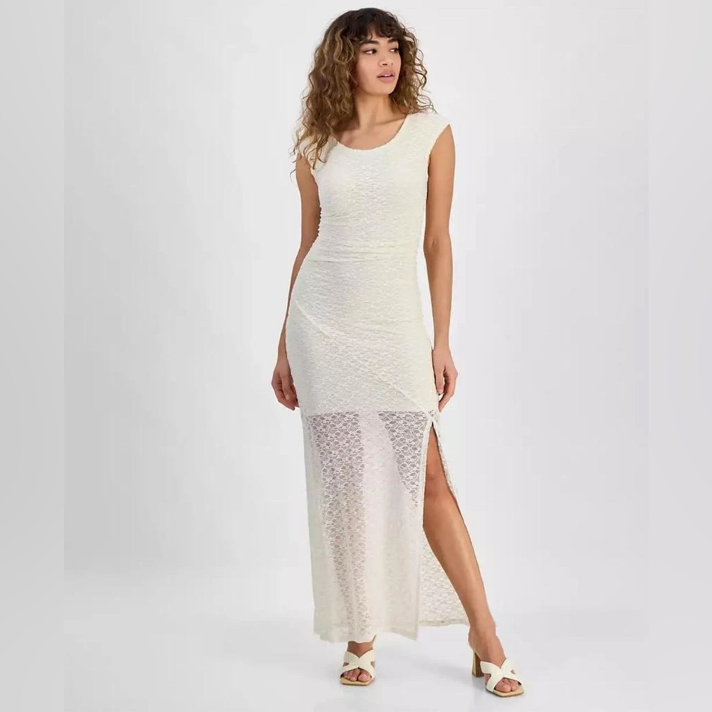Bar III Women's Cap-Sleeve Side-Slit Lace Cream Maxi Dress
